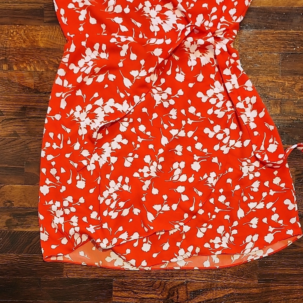 J. Crew Vibrant Red-Orange Wrap Dress with White Floral Design - Picture 4 of 10
